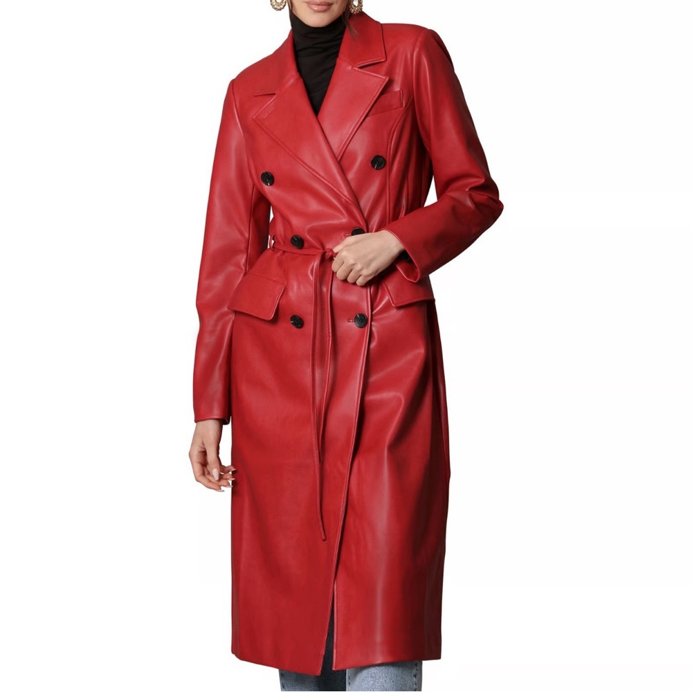 Avec Les Filles Chilli Red Vegan Leather Double-Breasted Trench Coat Small